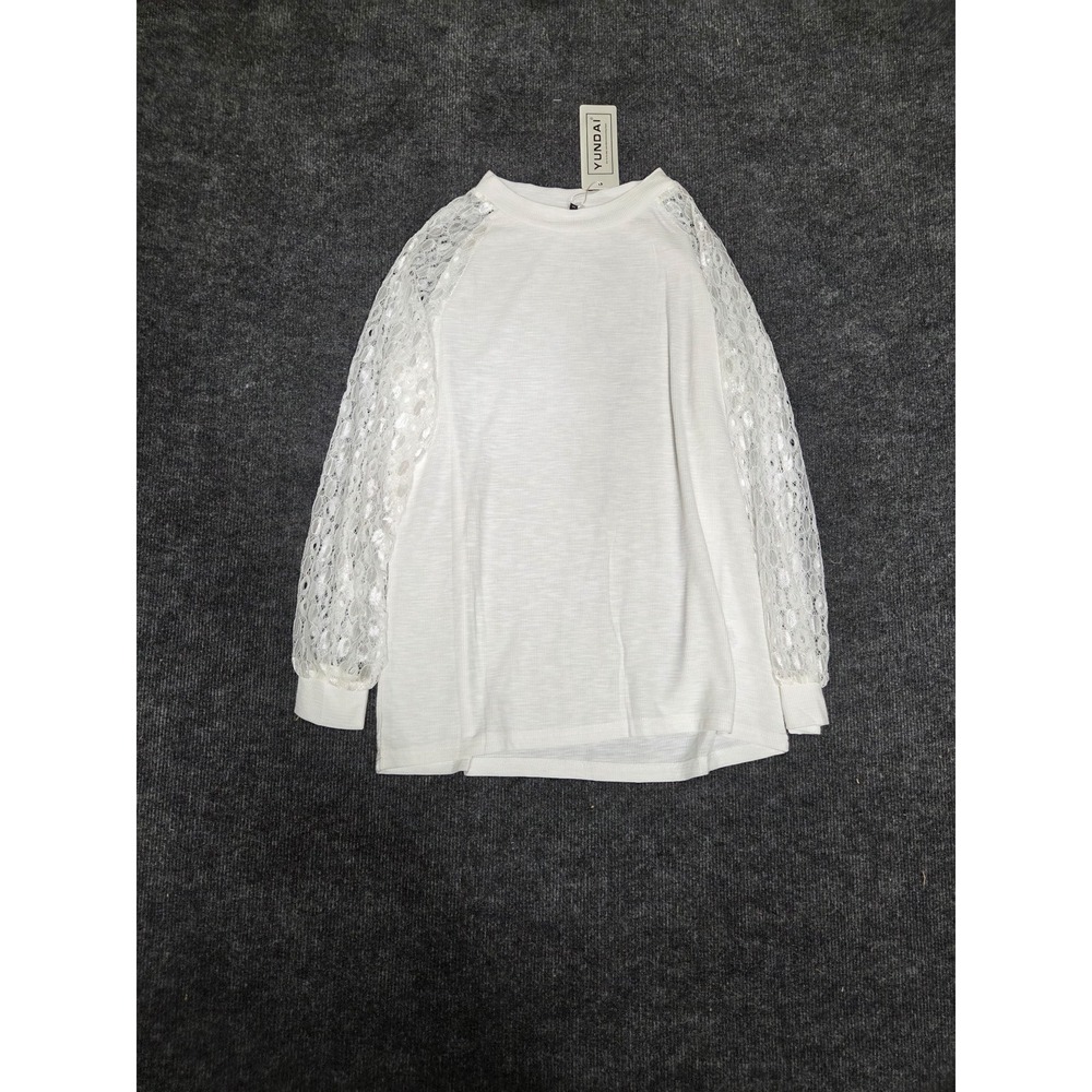YUNDAI Womens White Lace Long Sleeve Textured Crew Neck Top Size M NEW